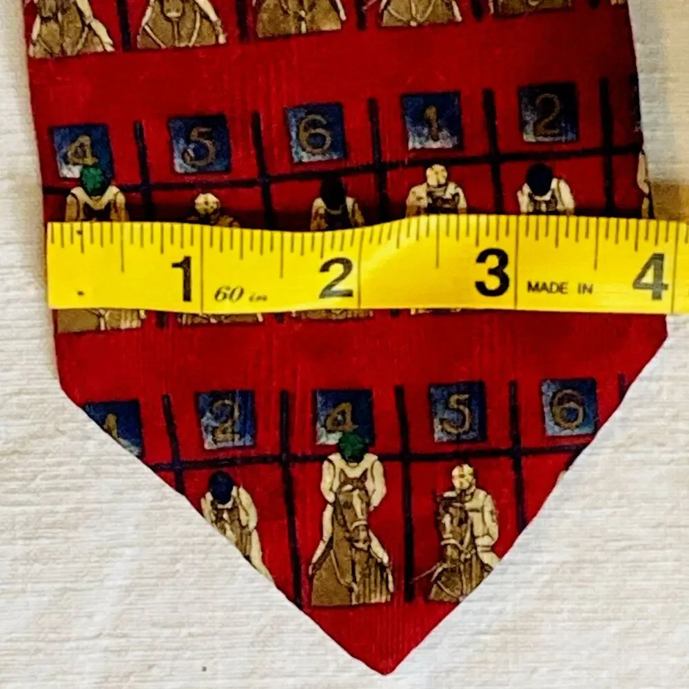 Ferrell Reed Vtg Tie Horse Racing Jockey Red Italian Silk Kentucky Derby USA Y2K